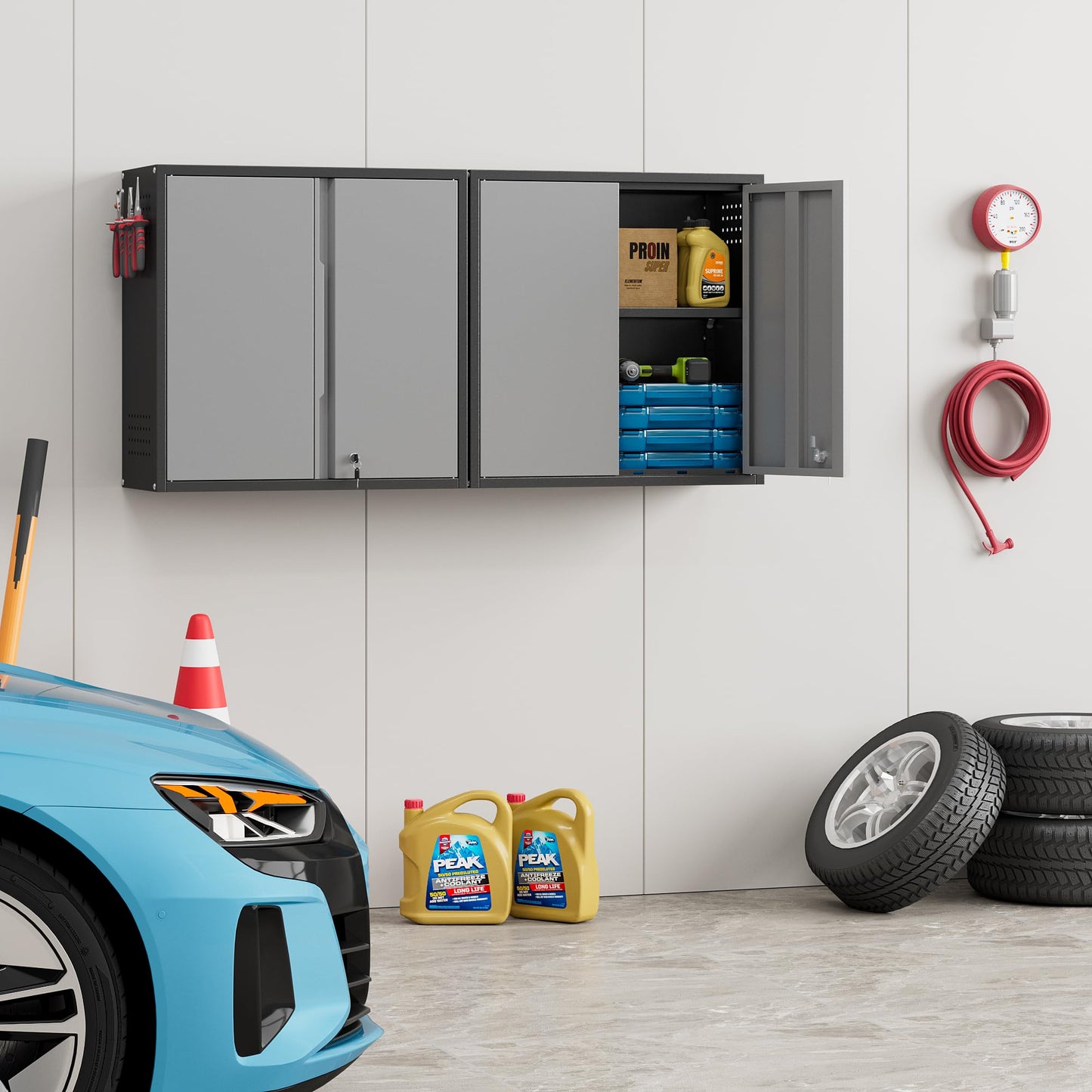 Garage Wall Cabinet, Metal Garage Cabinets with 2 Doors and Adjustable Shelf, Lockable Floating Tool Cabinet with Pegboard, Black Steel Wall Mounted Tool Cabinets for Kitchen,Office,Laundry,Warehouse