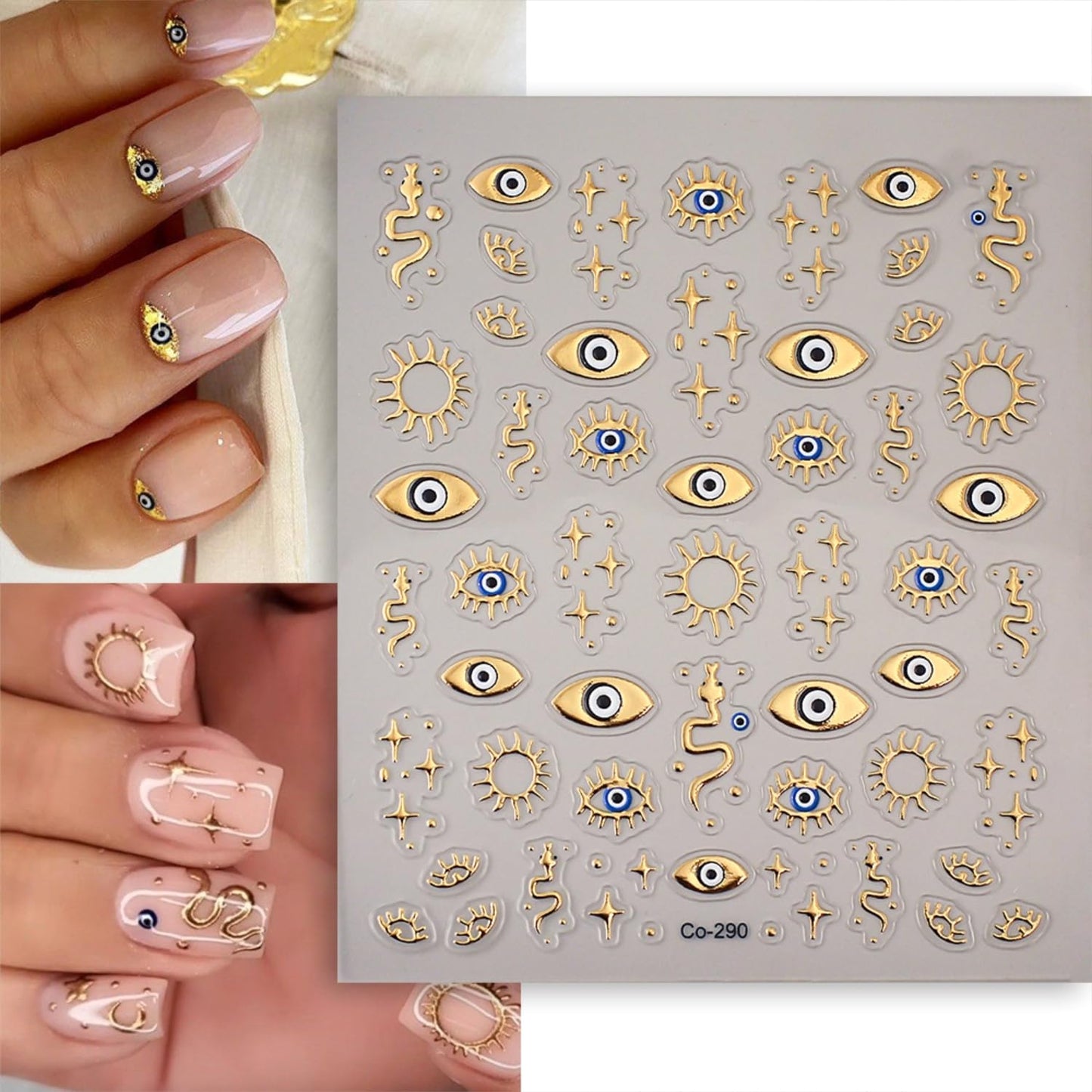 5D Embossed Gold Nail Stickers for Nail Art Evil Eyes Nail Art Stickers Decals for Acrylic Nails Self Adhesive Star Nail Decals Design Gold Nails Supplies for Women Girls