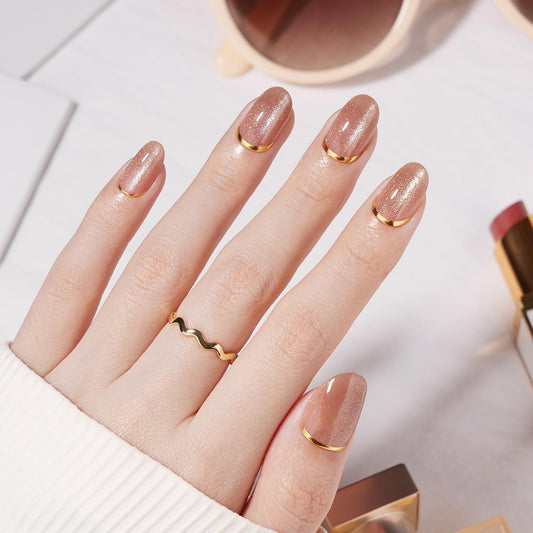 VSALON Oval Short Press On Nails, Gold Foil Finish Cat Eye French Tip Shimmer Light Curable False Nails, Reusable Salon Quality Opaque Fake Nails Kit - 32 pcs Stick on Nails Kit in 16 Sizes with Glues