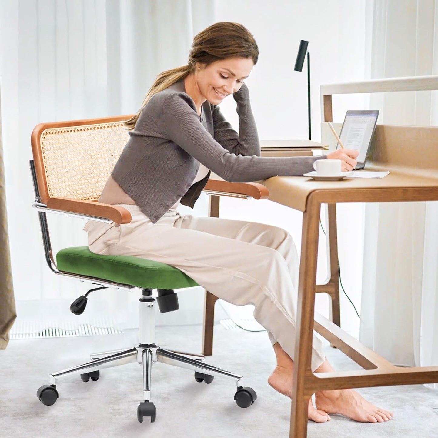 BALIAA Rattan Office Chairs, Modern Rattan Desk Chair with Natural Back & Wood Armrest, Small Upholstered Tufted Leather Home Office Desk Chairs for Home Office, Bedroom, Study, Green