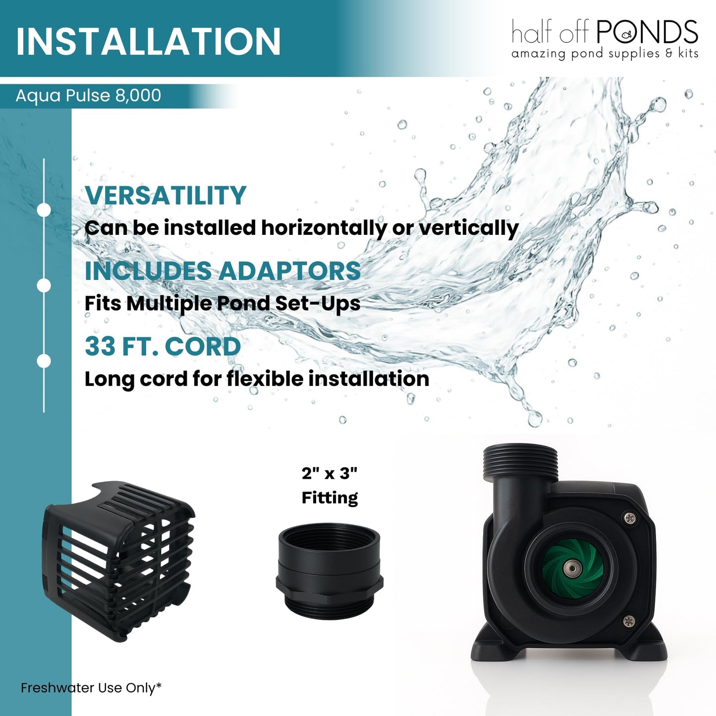 HALF OFF PONDS Submersible Water Pump, 8,000 GPH Pond Pump with 33FT Power Cord and 24FT Max Head, 540W Ultra Quiet Energy Efficient Pump for Koi Pond, Fountain, Waterfall, Water Garden, Skimmer