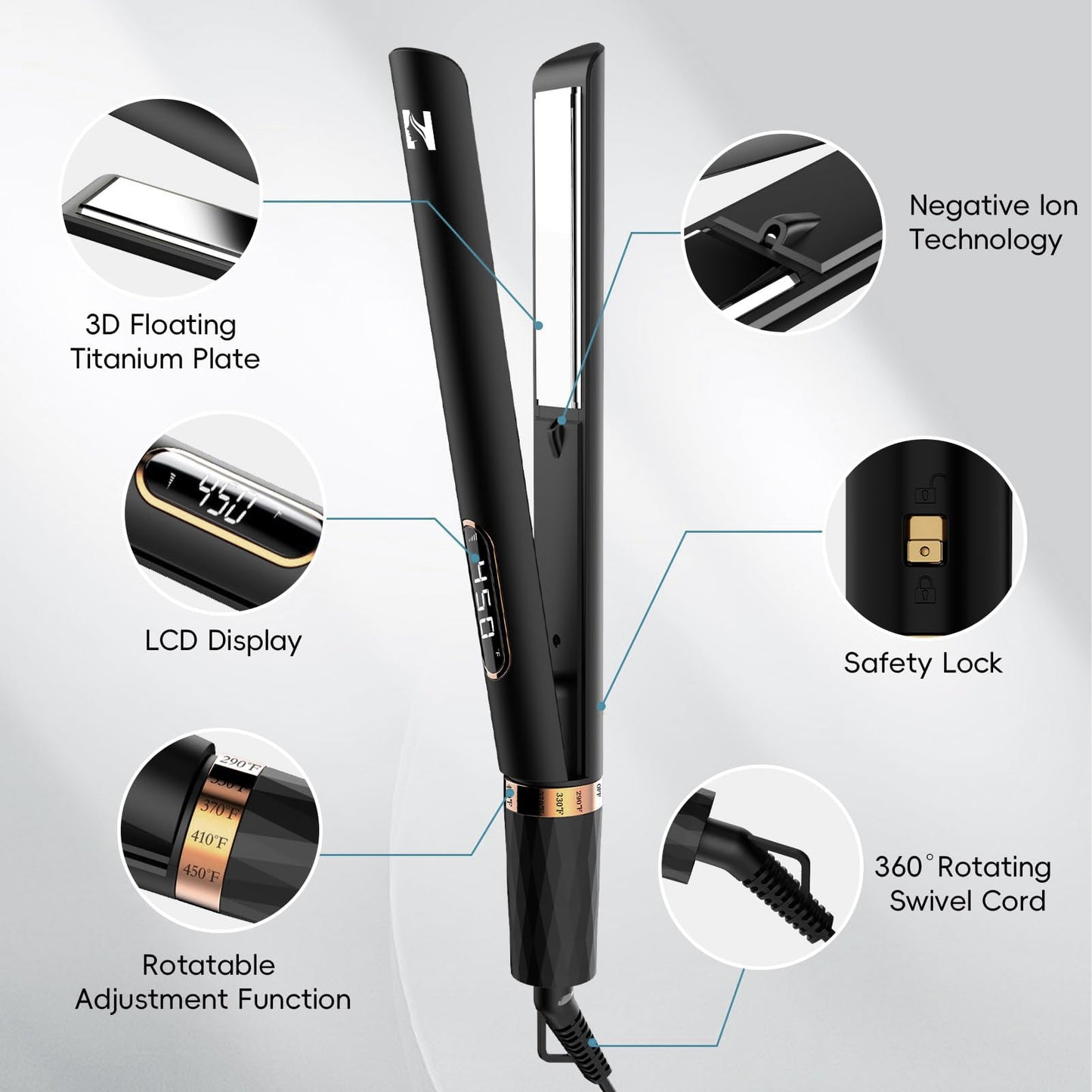 Nicebay Flat Iron Hair Straightener, 1 Inch Titanium Hair Straightener & Curler, Fast Heating,5 Temp Settings, Negative Ion Technology,Travel-Friendly, Smooth Salon Design