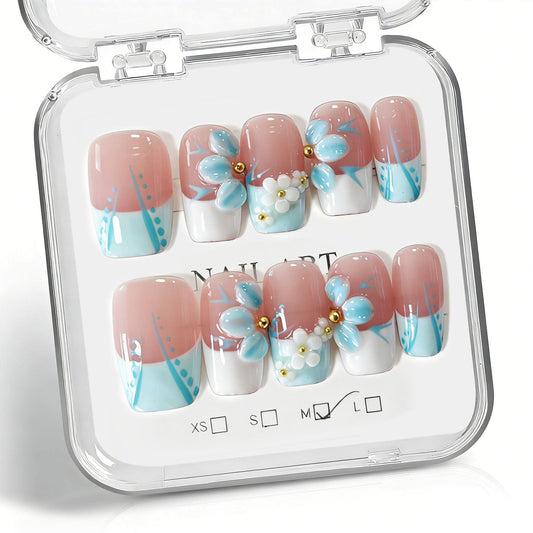 10 Pcs Handmade Press on Nails Medium Square Fake Nails with 3D Daisy Flower Blue French Tip Curve Design Acrylic False Nails Summer M Size Press Ons Nails Square for Women