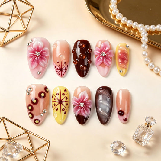 Handmade Press on Nails Almond Shape 3D Cute Glue on Nails for Women, Luxury Homemade Press on Nail Art Design, Fake Nails with 3D Nail Charms Size M 7