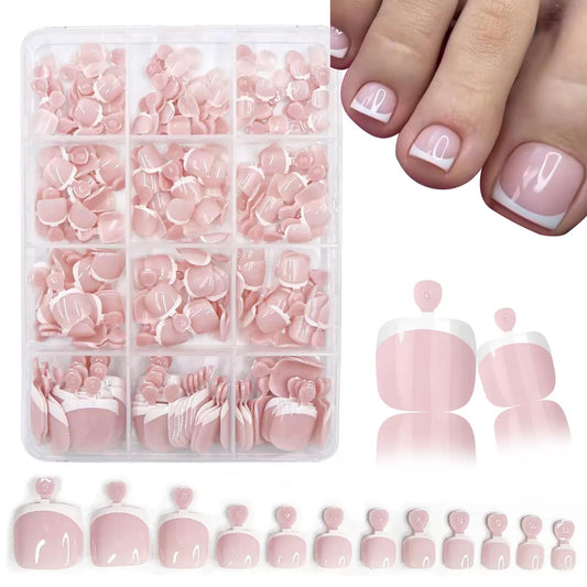 240Pcs French Tips Press On Toenails Short Square Fake Toenails with White French Tip Design Stick on Toenails Nude Toe Nails Press Ons Handmade Acrylic Glue on Toe Nails for Women Girl Manicure