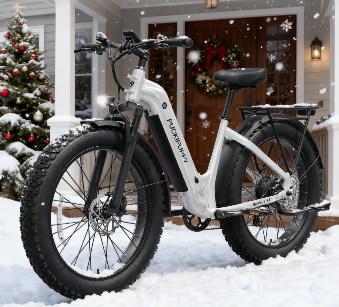 PUCKIPUPPY Electric Bike for Adults 960W, 26" Fat Tire, Step-Through Design Electric Mountain Hunting Bike, 48V 15AH Max 28MPH Off-Road Ebike with Rear Storage Shelf (White)