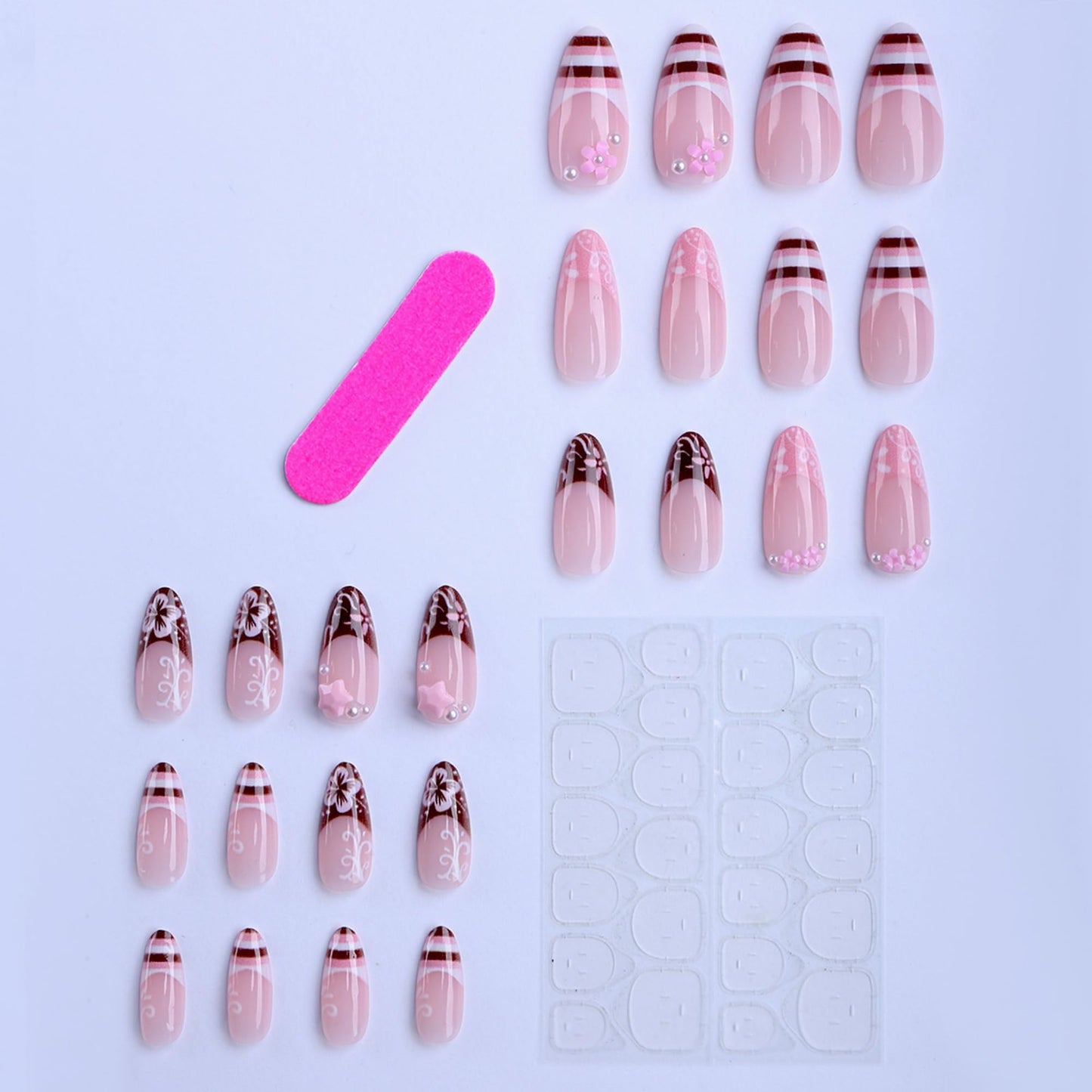 octoswave Long Almond Press on Nails 3D Floral Star Design Pink Brown Fake Nails for Women Girls Party Vacations 24Pcs