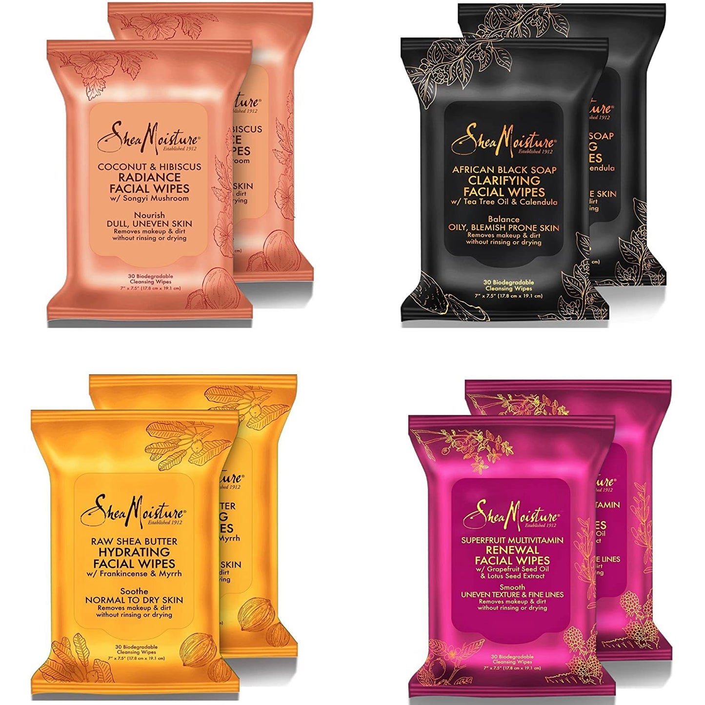 Shea Moisture Makeup Remover Face Wipes, African Black Soap, With Tea Tree Oil & Calendula, Removes Makeup & Dirt to Clarify Oily Blemish Prone Skin, Pack of 2, 30 Wipes Per Pack