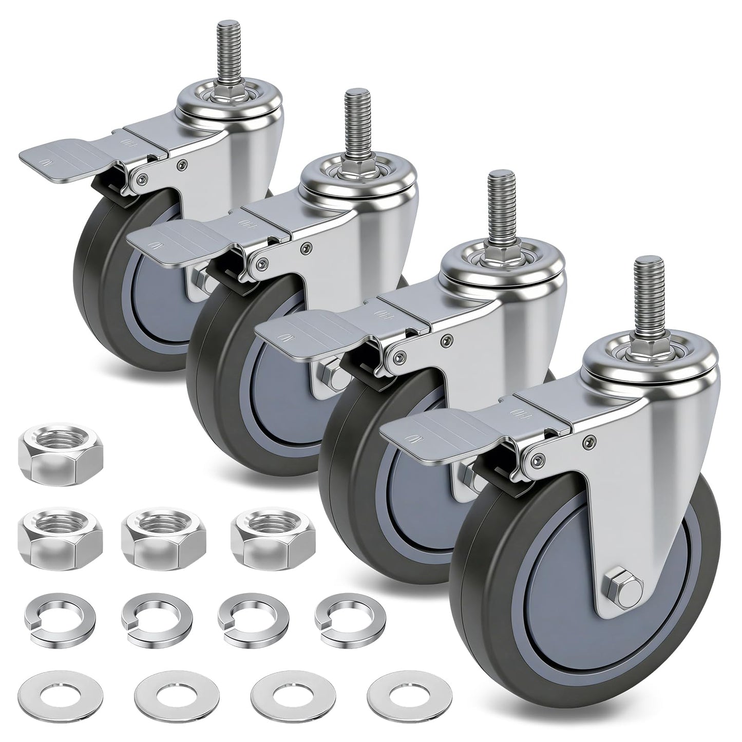 AAGUT 5 Inch Locking Swivel Casters 1/2"-13 x 1.5 Threaded Stem Wheels with Brake Grey TPR Rubber Wheel Set of 4"