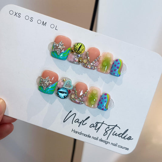 TENPAL V-Shape French Tips Square Nails,Acrylic Press on Nails with 10pcs Kit,Sweet Edgy Y2K Hand-Painted Art False Nails,Neon Yellow-Green Fake Nails with 3D Stars, Hearts, Rhinestones Flowers(M)