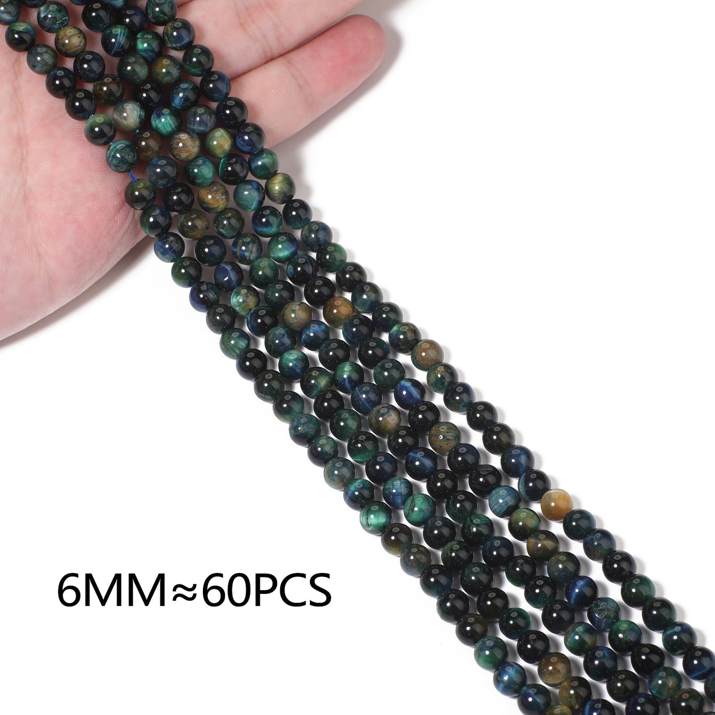 Yochus Natural Tiger Eye Beads, 60Pcs 6MM Milky Way Blue Green Color Enhance Round Loose Stone Bulk, DIY Charm Smooth Gemstone Beads for Jewelry Making