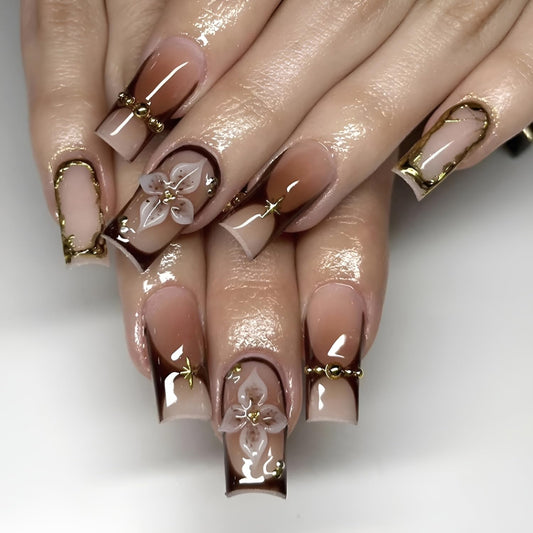 24Pcs Flower Press on Nails Medium Square Fake Nails Brown Nails Press Ons French Tip False Nails Glossy Glue on Nail with Gold Rhinestones Design Gradient Stick on Nail for Women Set