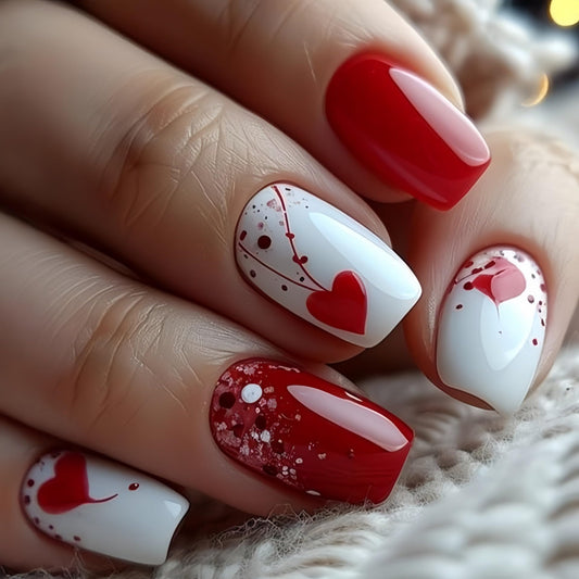 Valentine Press on Nails Medium Press on Nails with Glitter Designs Red Square False Nails Glossy Full Cover Stick on Nails Gradient Reusable Acrylic Nail Valentine Glue on Nails for Women 24Pcs