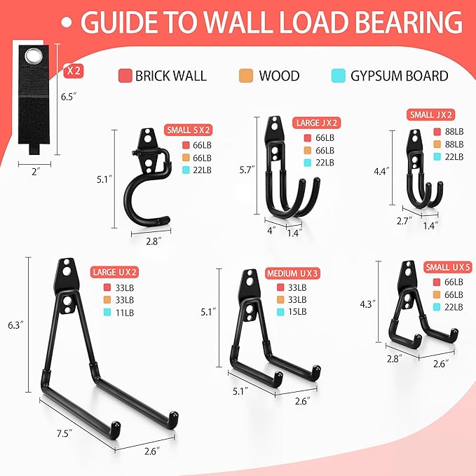 18 Pack Garage Hooks Heavy Duty - Anti-Slip Coating， Garage Storage Hooks for Hanging Bike，Ladder，Garden Tools，Hose