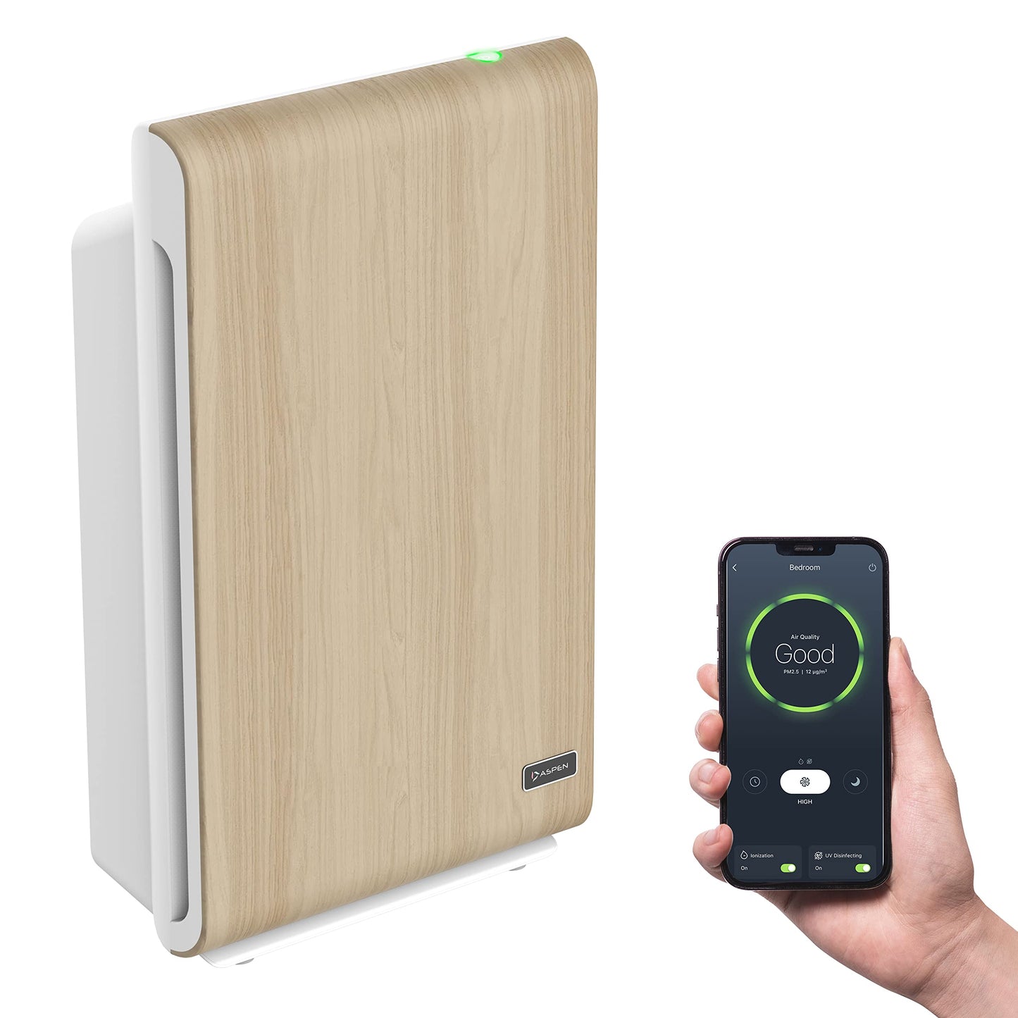 Aspen One Button Air Purifiers for Home, Cleans 1500 SqFt in 50min and 362 SqFt in 12min, HEPA Air Purifier with Automatic and App Control - Filtrate 99.97% of Smoke, Pollen, and more - Gold Oak