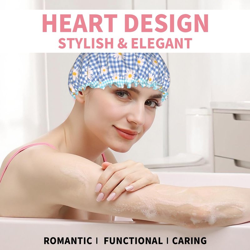 Kwlegh Blue Checkered Shower Caps for Women Daisy Flower Double Waterproof Layers Bath Hat Elastic Reusable Hair Cap for Shower Cooking Clean Makeup