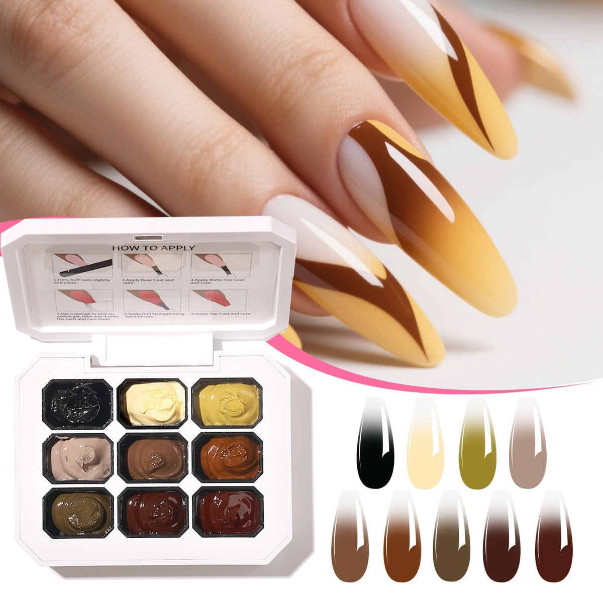 AOBOO 9 Colors Ombre Gel Nail Polish Palette Pat Gradient Painting Gel With 100PCS Nail Sponges & Grabbing Pen ,Soft And Easy To Shoot For Acrylic And Natural Nails ,French Manicure DIY Nail Art (6)