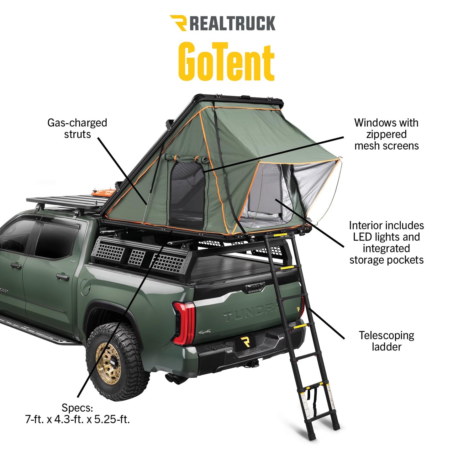 RealTruck GoTent | Overlanding, Waterproof, Telescoping Ladder, LED-Lit Interior, Mounts to Any Cross Bars | OL-104