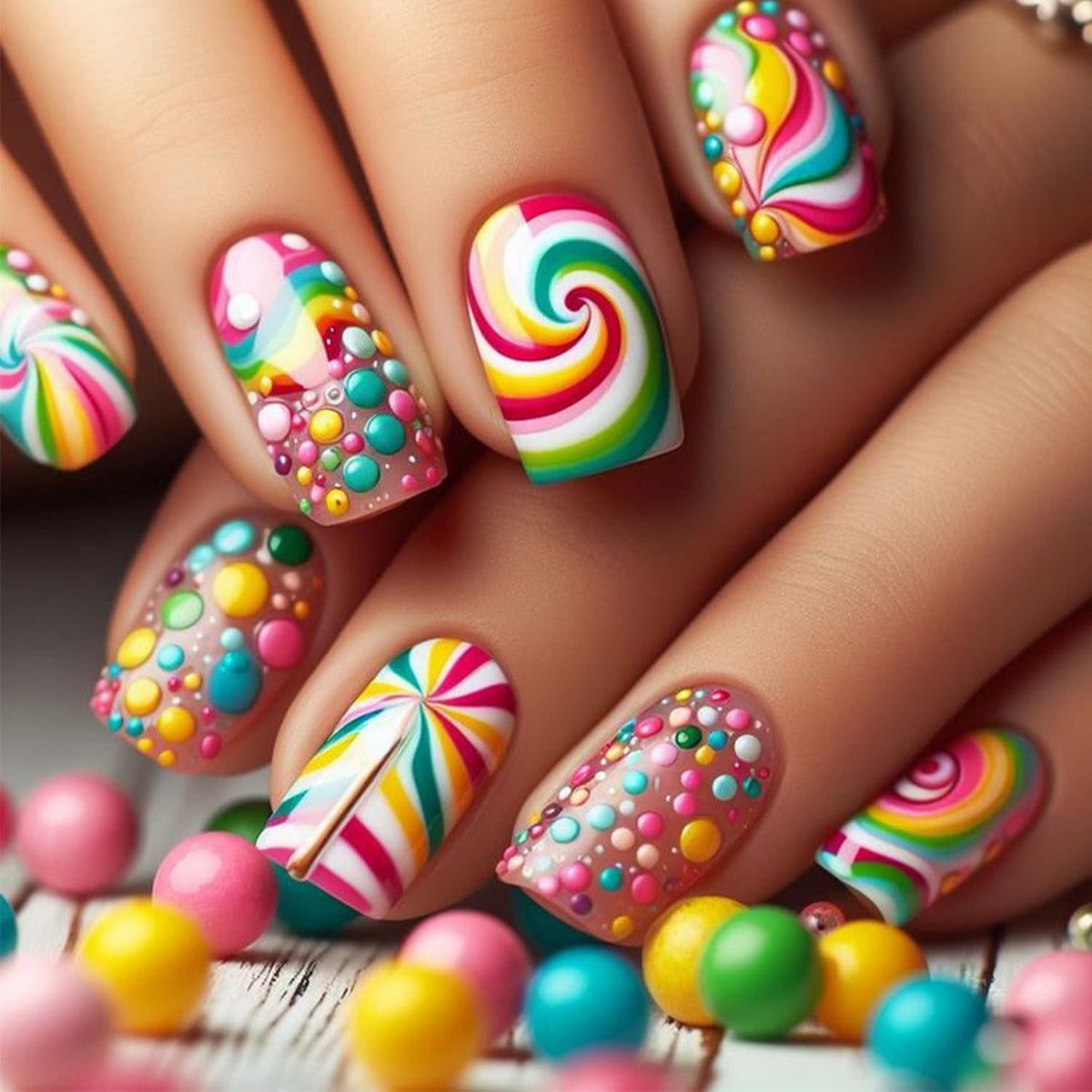 24pcs Summer Press on Nail Cute Fake Nails Short Square Full Cover Stick on Nail with Rainbow designs Colorful Press ones Reusable Glue on Nails for Women Vacation Manicure