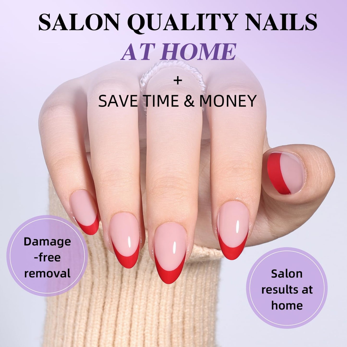 Red French Tip Press On Nails - Short Almond Fake Nails, Reusable Fake Nails with Glue, French Tip Design for Women 32 Pieces 16 Sizes
