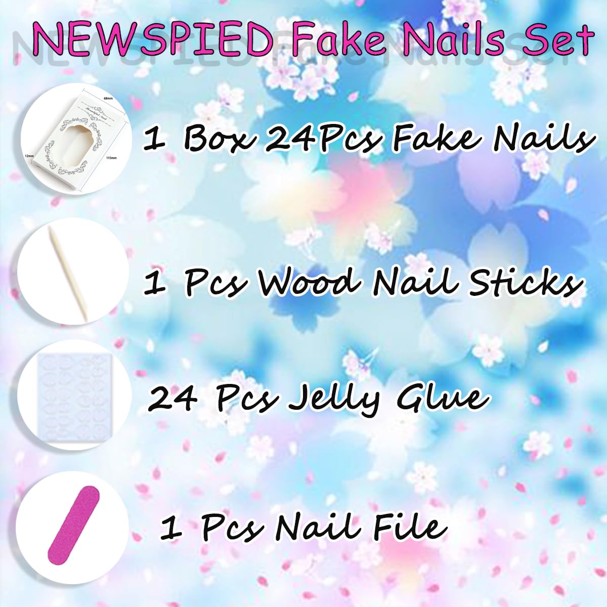 24Pcs 3D Flower Press on Nails Medium Almond French Tip Fake Nails Tropical Floral False Nails with Rhinestones Pink Blue Gradient Acrylic Nails Reusable Full Cover Stick on Nails for Women Manicure