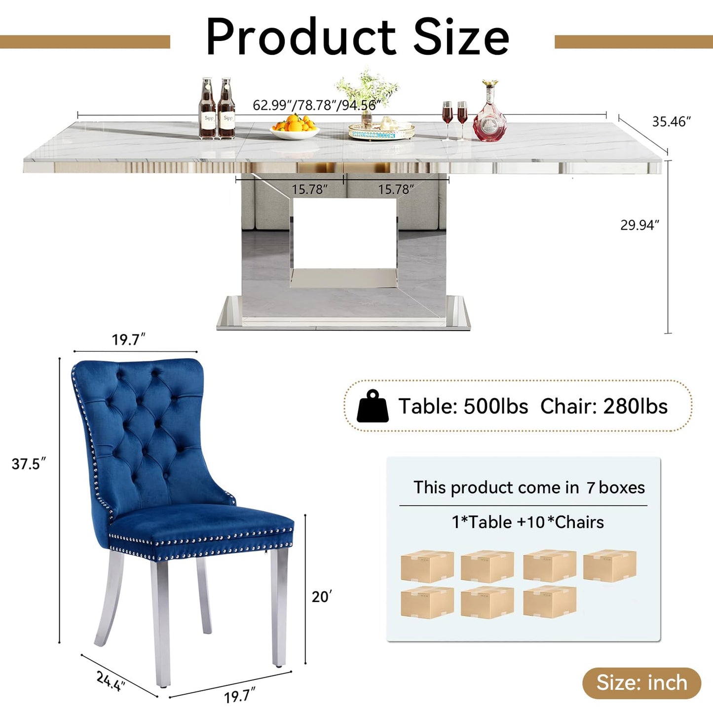 White Marble Extendable Dining Table Set for 10, 11-Piece Extendable Kitchen Table Set with 10 Blue Velvet Chairs, Modern 63"-94" Expandable Dining Room Table Set with Mirrored Pedestal for Kitchen
