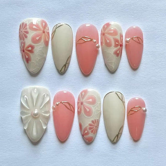 24 Pcs Summer Press on Nails Short Almond,MINGCHUN White Pink Fake Nails Press ons Acrylic Nail Art Tips Kit Full Cover False Nails Glue on Nails with Flowers Gilded Design for Women Nail Supplies