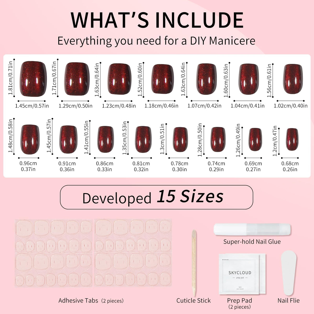 Dark Red Cat Eyes Press On Nails,12 Sizes - 24 Pcs Soft Gel Red Short Squoval Fake Nails Kit with Nail Glue, Natural Reusable Stick On False Nails for Women and Girls SK1058