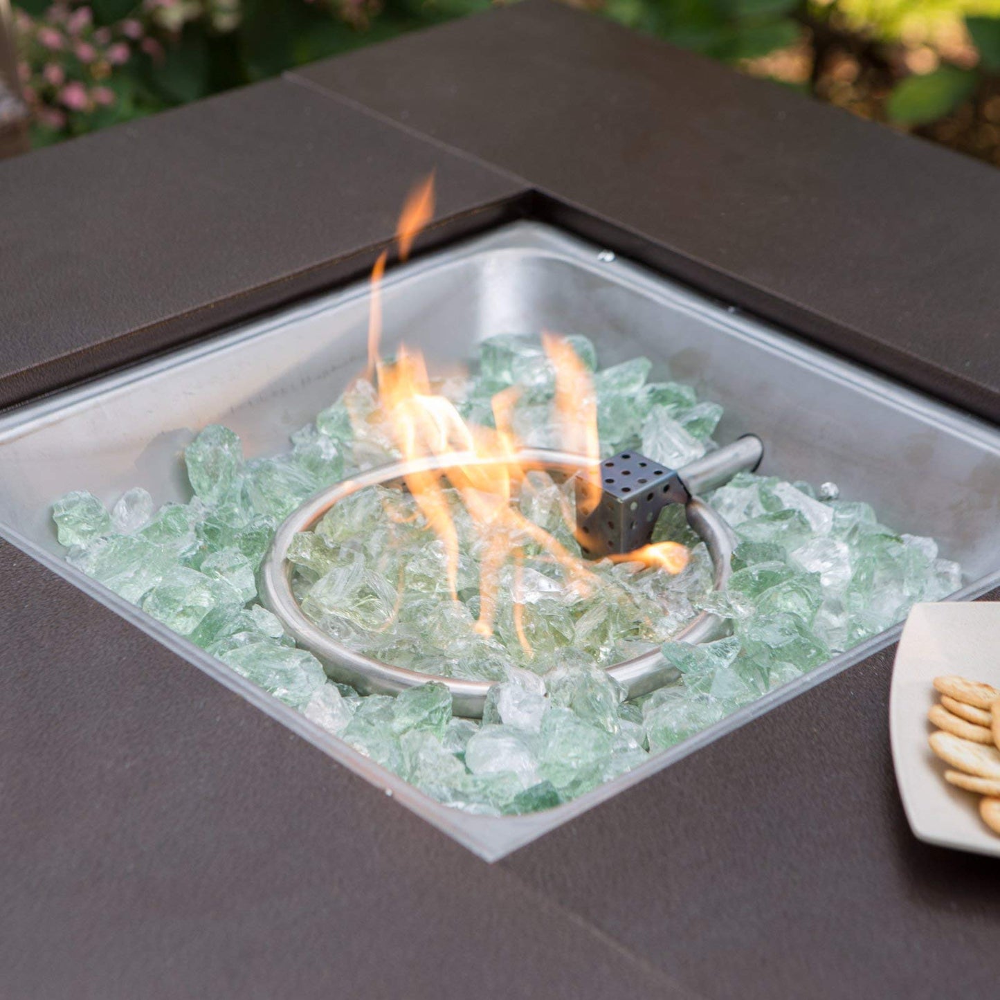 Hiland 38'' Square Propane Fire Pit Table w/Lid, Fireglass Included, Regulator and Hose, 40,000 BTU, Decorative Crossbars, Bronze