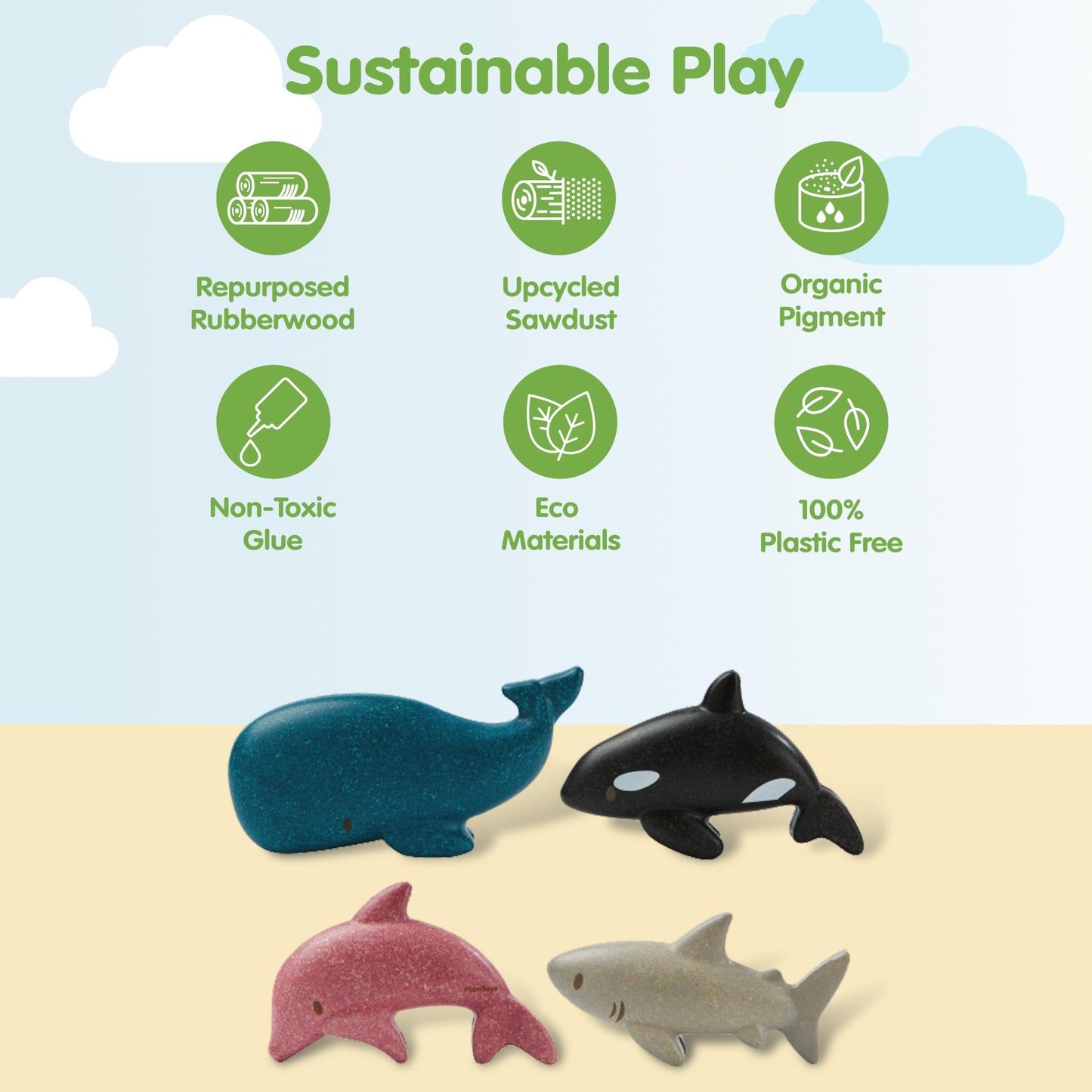 PlanToys® Wooden Sea Life 4-Piece Set Dolphin, Orca, Whale and Shark Figurines | Montessori Toy for Imaginative Play | Supports Language and Social Skills | Eco Friendly for Bath and Water Play