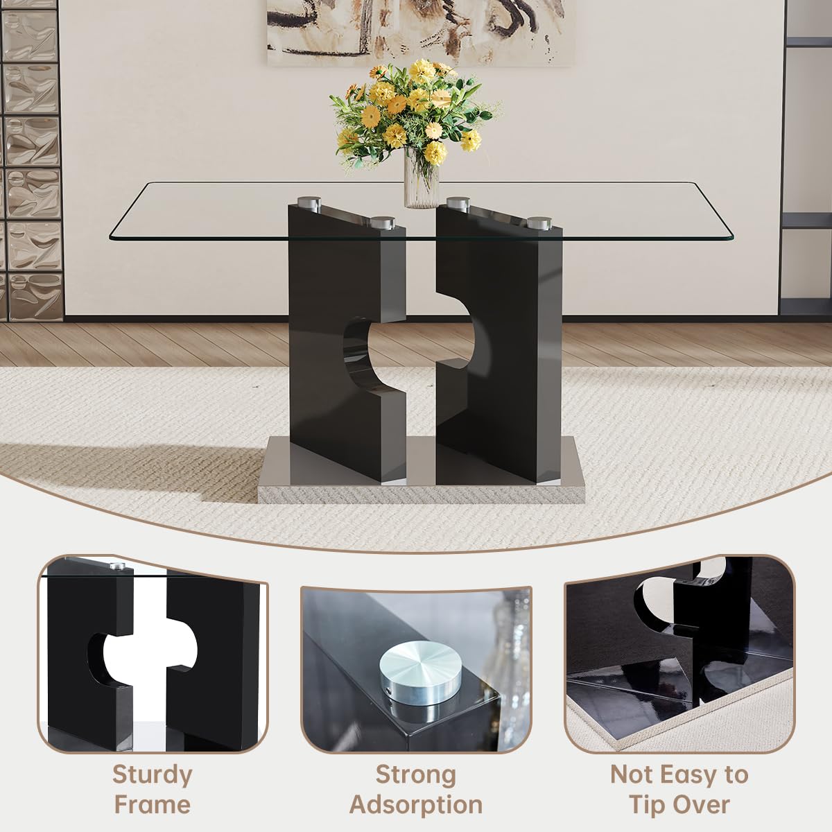 JEARGE Glass Dining Table Set for 4,Dining Room Table Set for 4 with PU Leather Chairs,Retangular Dining Tabletop with MDF Legs and Sliver Base for Dining Room (Black Chair, 1 Table + 4 Chairs)