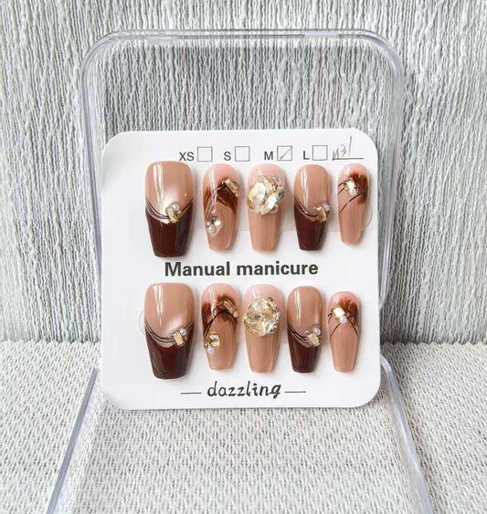 Handmade Press on Nails Coffin Medium False Nails Cat's Eye Black French Tip with 3D Rhinestones Designs Rhinestones Charm Cute luxury Acrylic Nails for Women (Size M）10pcs