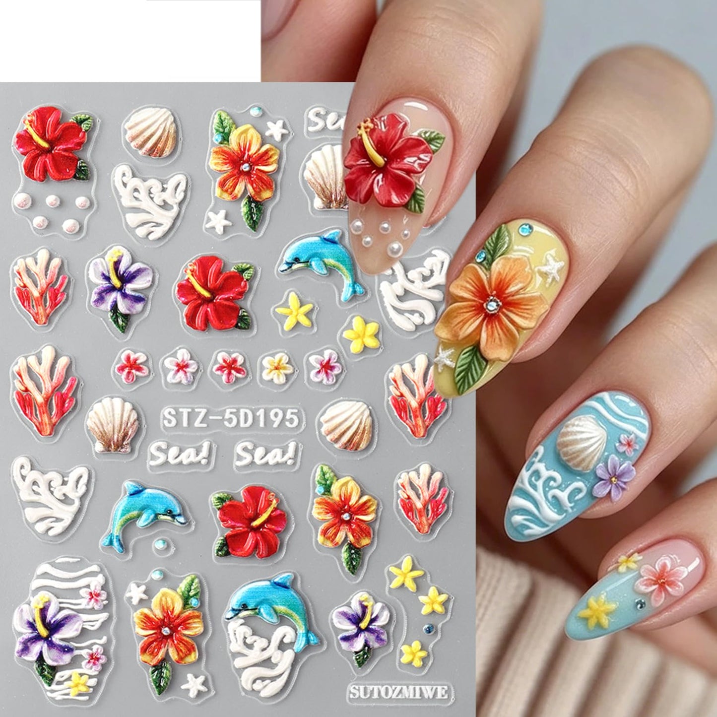 5D Embossed Nail Stickers, 6Pcs Self-Adhesive 3D Floral Nail Decals with Hibiscus, Dolphin & Starfish,Seashell, Tropical Flower Summer Ocean Nail Art Supplies DIY Manicure Nail Accessories for Women