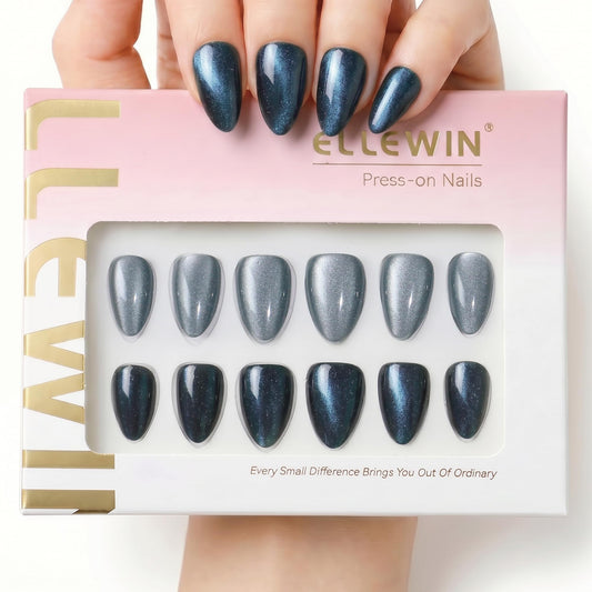 ELLEWIN 60 Pcs Cat Eye Press on Nails Medium Almond - Silver & Navy Blue, 15 Sizes Acrylic Glossy Glitter Stick on Nails Set with Glue, Remover & Accessories for Women