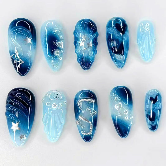 24Pcs Blue Press on Nails Medium Almond Glossy Fake Nails with 3D Wave Heart Pearl Star Sparkle Pattern Cute False Nail French Nails Full Cover Artificial Glue on Nail Handmade Stick on Nail for Women