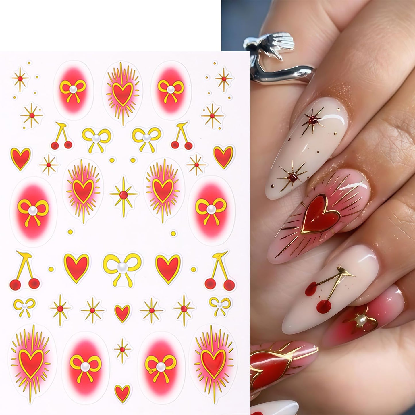 8Pcs Heart Nail Stickers Glitter Shiny Love Nail Decals 3D Self Adhesive Pearl Bow Cherry Nail Art Stickers Valentines Day Red Ombre Gold Hearts Designs Pink Heart French Line Nail Supplies for Women