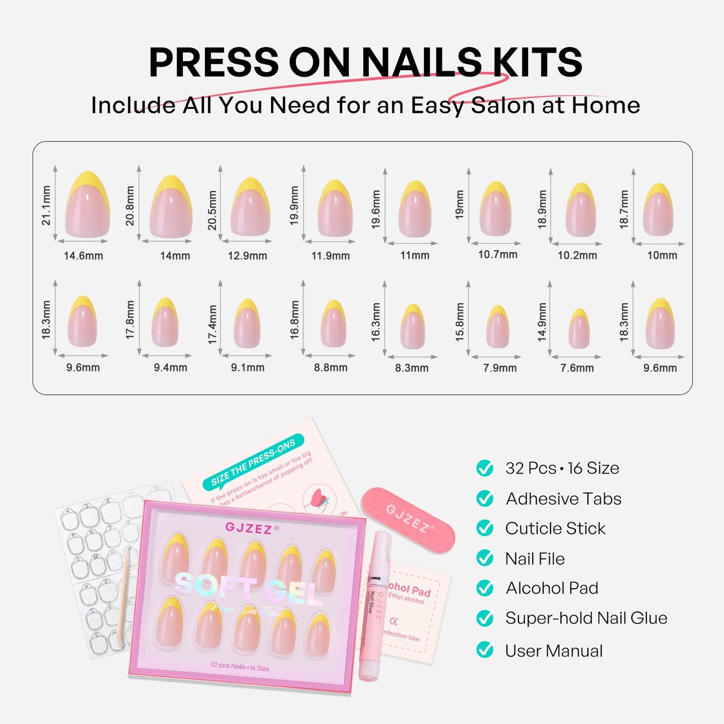 Yellow French Tip Press on Nails Short Almond - GJZEZ Soft Gel Cute Spring Golden Lemon Yellow Glue on Nails Press Ons | 16 Sizes - 32 pcs Long Lasting Salon Quality Reusable Fake Nail, Bright Beam
