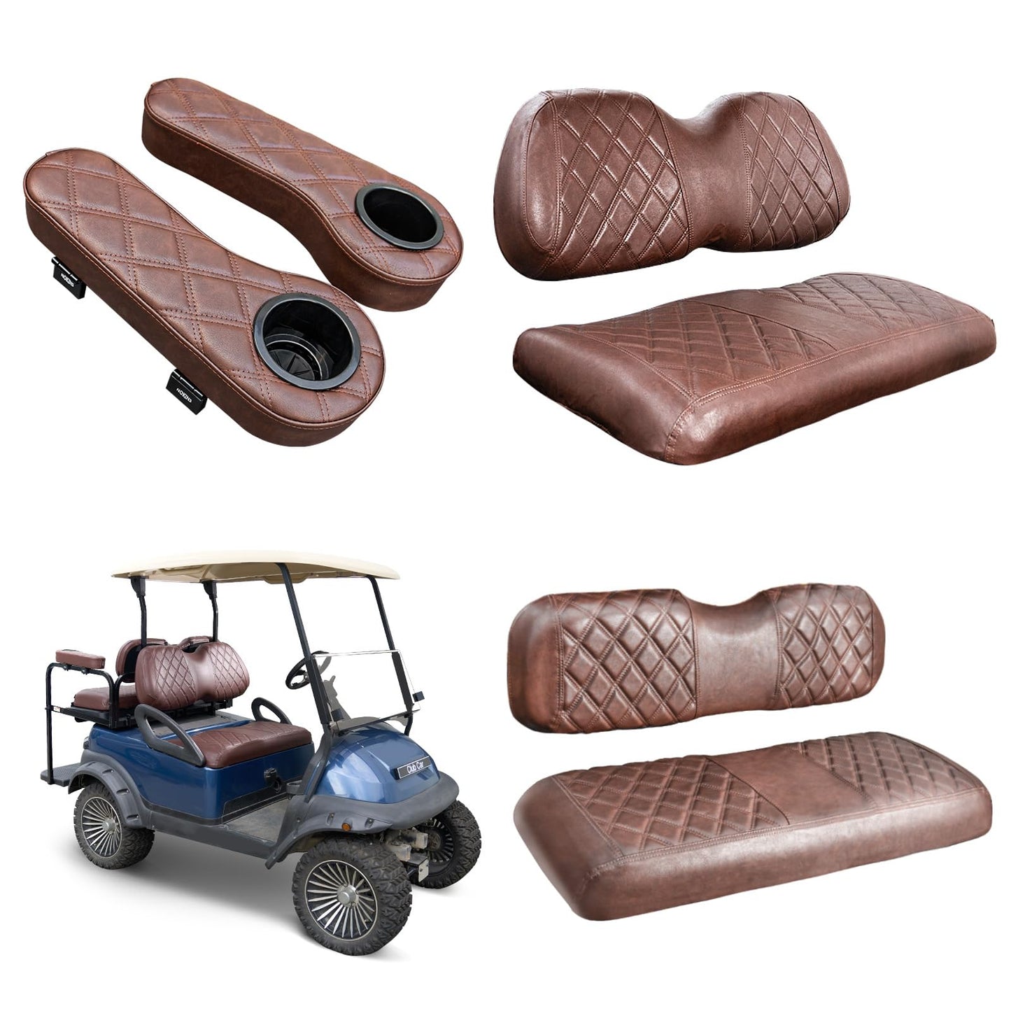 NOKINS Golf Cart Seat Covers for Club Car Precedent, Vinyl Front&Rear Seat Cover with Flip-Up Armrests kit, with Cup Holder, for 1" Square Tube(Brown&Brown 8438)