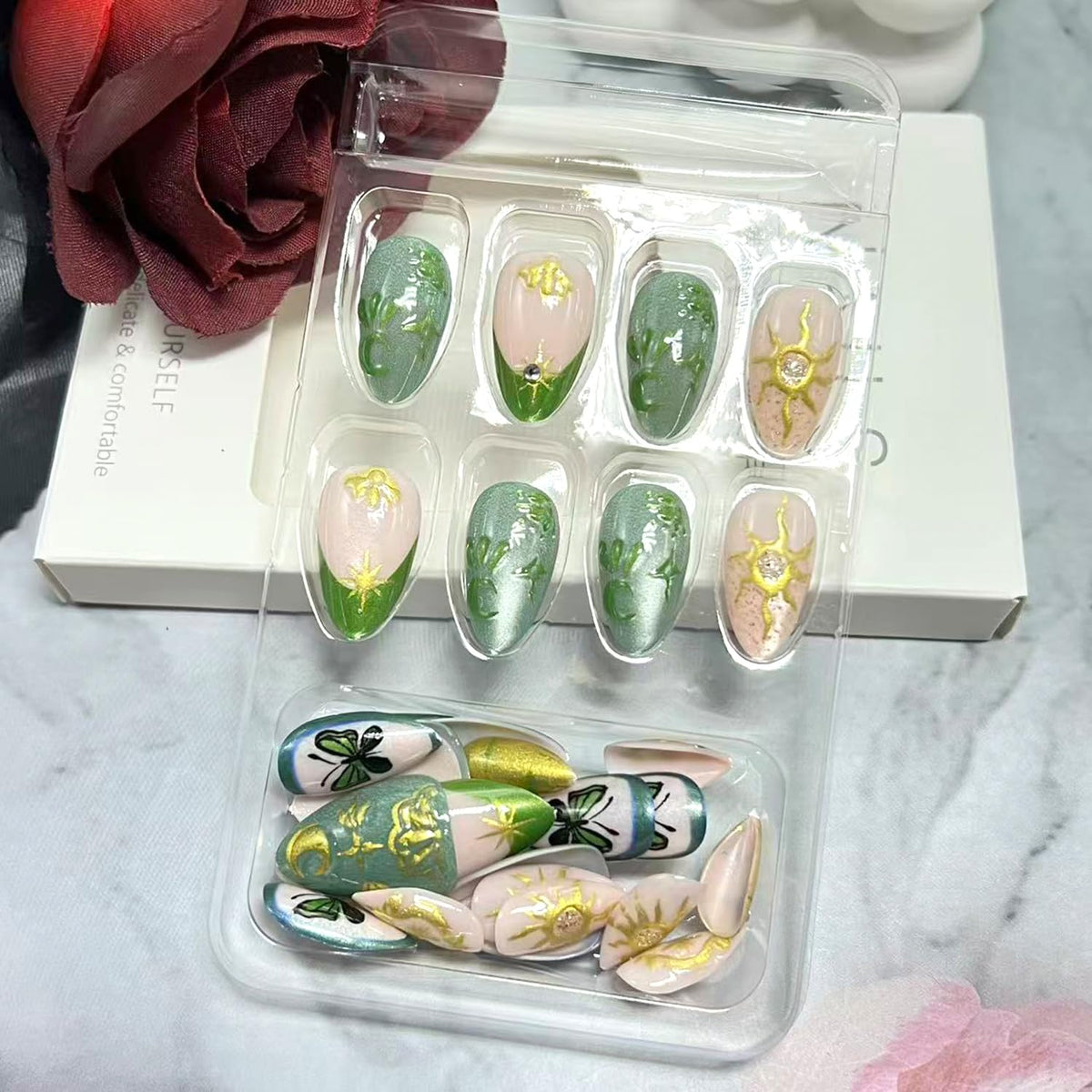 30 Pcs Butterfly Press on Nails 3D Gold Star Moon Fake Nails with Rhinestones Design Short Oval Acrylic Glue on Nail Mirror French Tip False Nail for Women