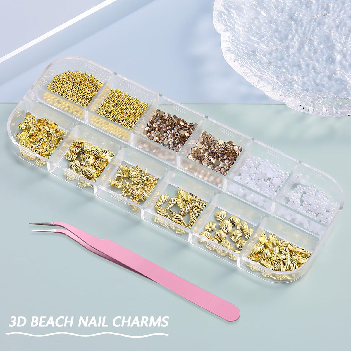 Furtherpretty Summer Nail Charms, 3D Beach Nail Charms Metal Starfish Seashell Tropical Ocean Nail Art Decorations, Gold Beads and Pearls Rhinestones with Tweezers for Manicure, concha nacar para uñas