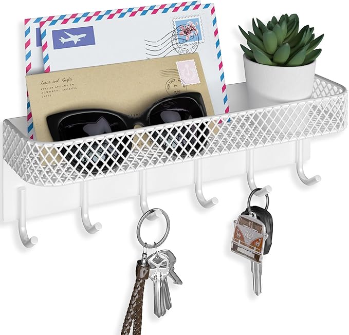Lwenki Key Holder for Wall â Decorative Stainless Steel Key Hanger with 6 Hooks for Hats, Bags, Leashes â Mail Holder Key Rack with Mounting Hardware and Guide (9.65â x 2.8â x 2.2â) (White)