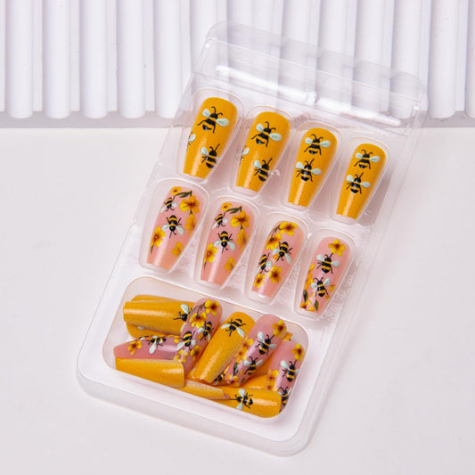 TOGZOM Spring Press on Nails Short Coffin Square Acrylic False Nails 24Pcs Yellow Flowers Bee Floral Designs Glossy Glue on Nails for Women Girls Manicure