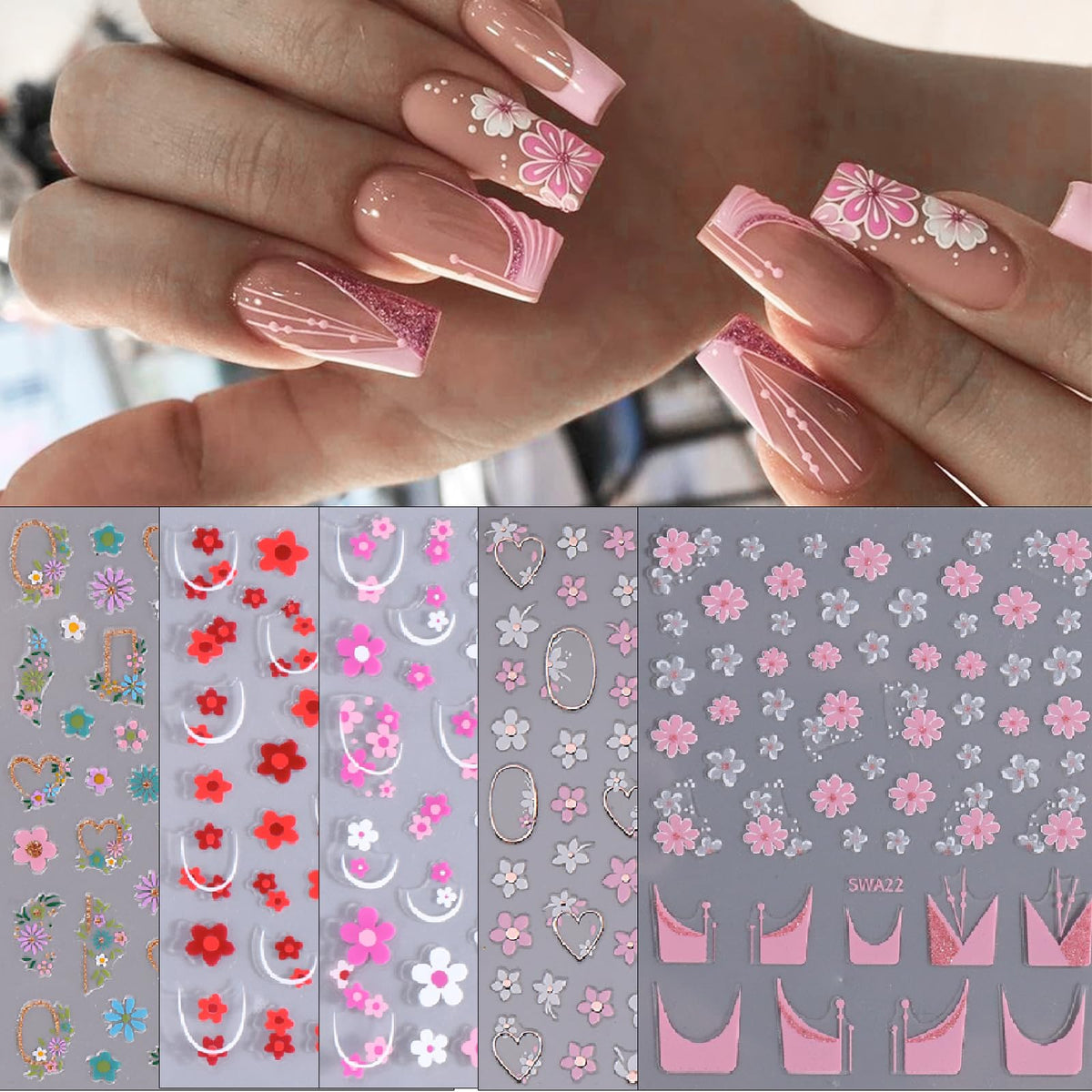 5 Sheets Flower Nail Art Stickers 3D Self-Adhesive Spring French Pink Daisy Floral Design Decals Summer Sunflower Nail Stickers Women DIY Decoration