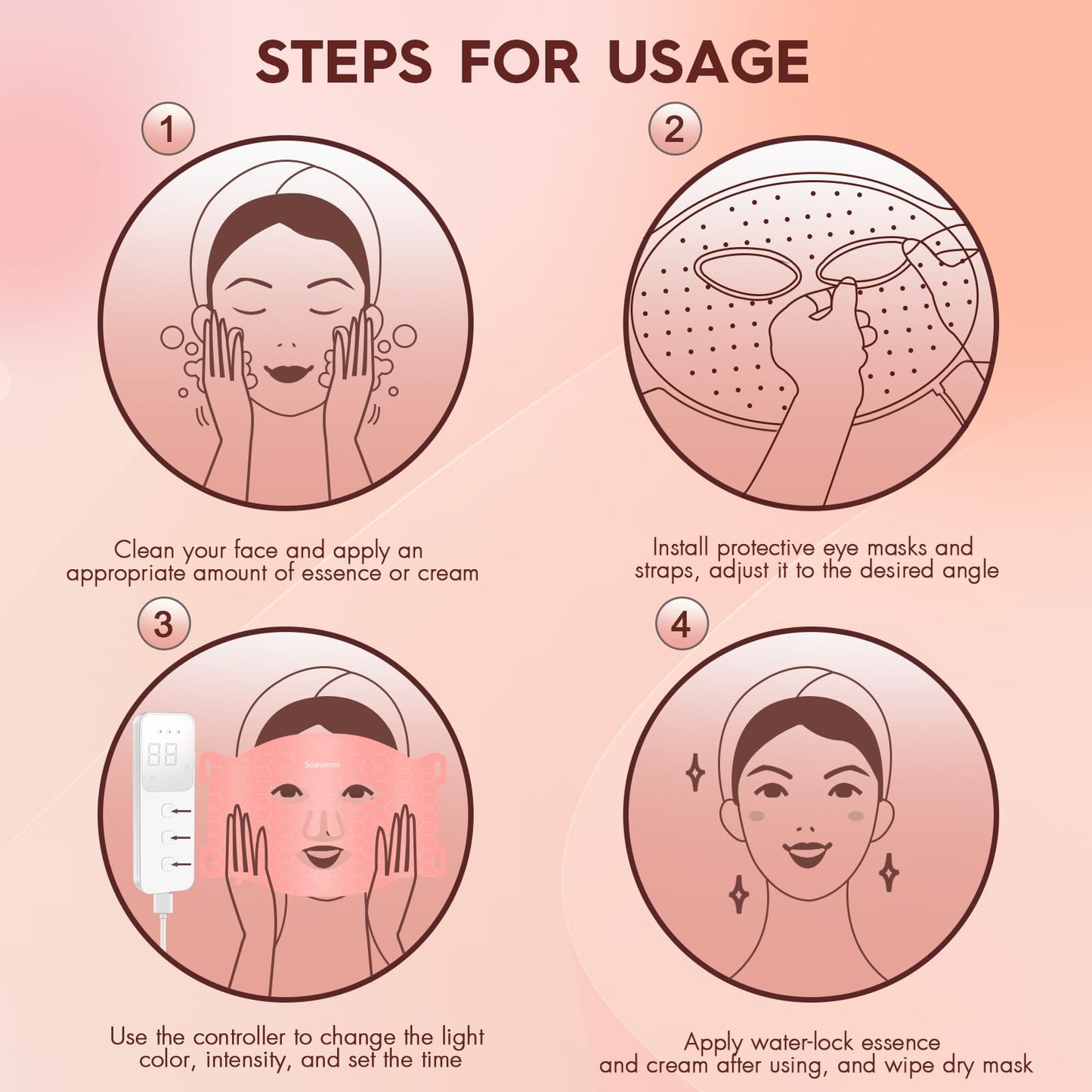 Soeumoir Red Light Therapy Mask, 7 Colors LED Face Mask Light Therapy with Rechargeable Controller, 850NM Near-Infrared Red Light Therapy Mask with Timing Function for Home Working Travel Skincare