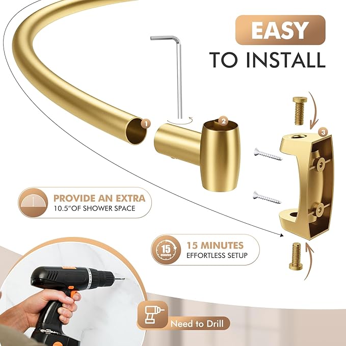Curved Shower Curtain Rod for Bathroom, 40-72 Inches Adjustable Curved Shower Rod, 0.9MM Aluminum Rustproof Shower Curtain Rod with Rotating Brackets for Extra Shower Space, Need to Drill, Gold