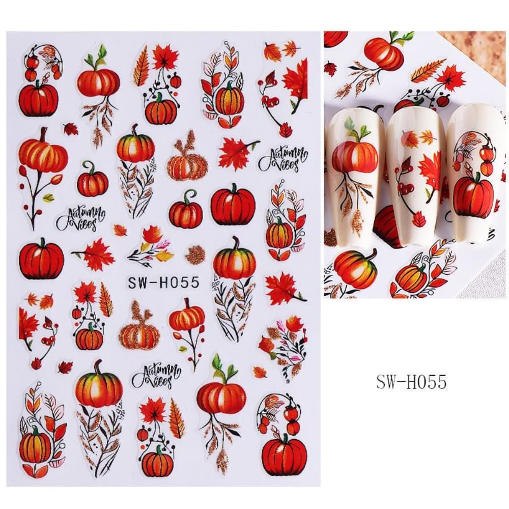 Fall Nail Stickers Pumpkin Maple Leaves Nail Art Stickers 3D Self Adhesive Orange Yellow Leaf Nail Art Supplies Autumn Nail Design Flower Nail Decals for Women 6 Sheets