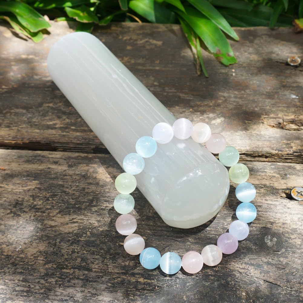 10mm Macaron Selenite Bracelet - Multi-Color Natural Crown Chakra Crystal | Handmade Sweet Color Meditation Bracelet with Cat-Eye Effect | Beading Tool Kit - Adjust to 6.5-7.5 inches Wrist Size