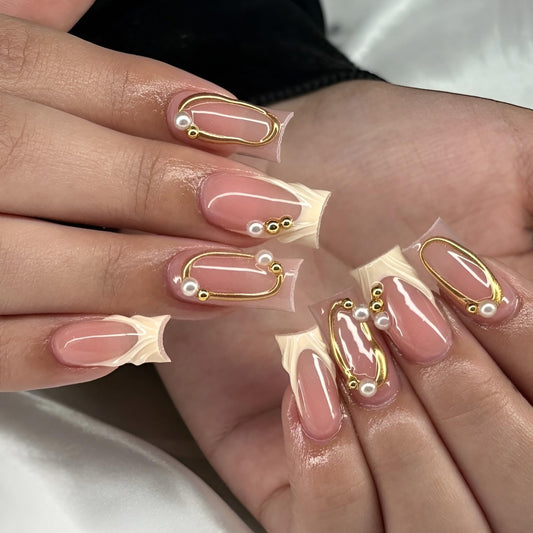 French Tip Press on Nails Medium Almond Fake Nails Gold Lines False Nails with Pearl Design Glossy Nails Press Ons White French Tip Stick on Nail Acrylic Glue on Nail for Women Set 24Pcs