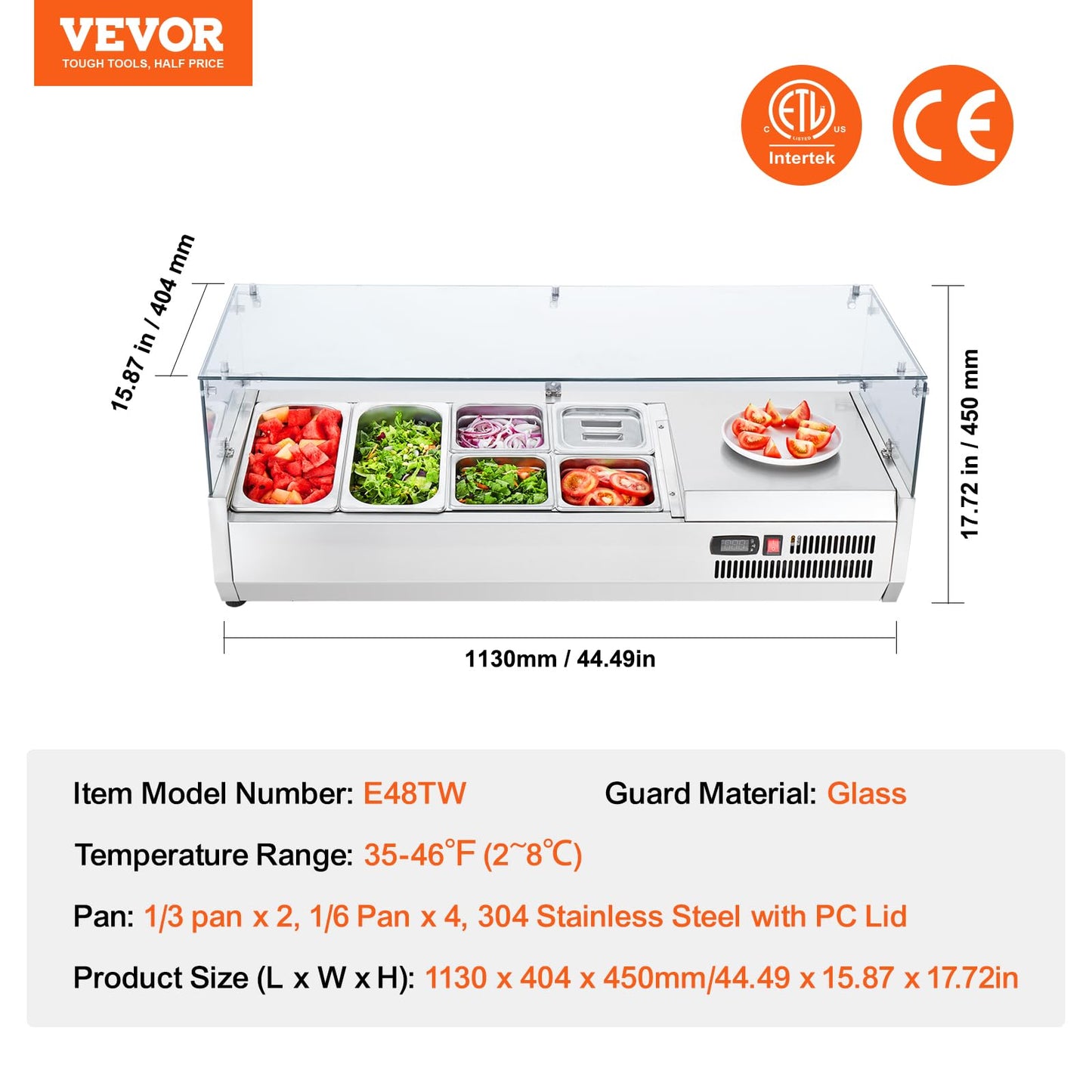 VEVOR Condiment Prep Rail Station, 135 W Countertop Refrigerated Condiment Station, with 2 1/3 4 1/6 Pans, 304 Stainless Body and PC Lid, Sandwich Prep Table with Glass Guard, ETL, Silver
