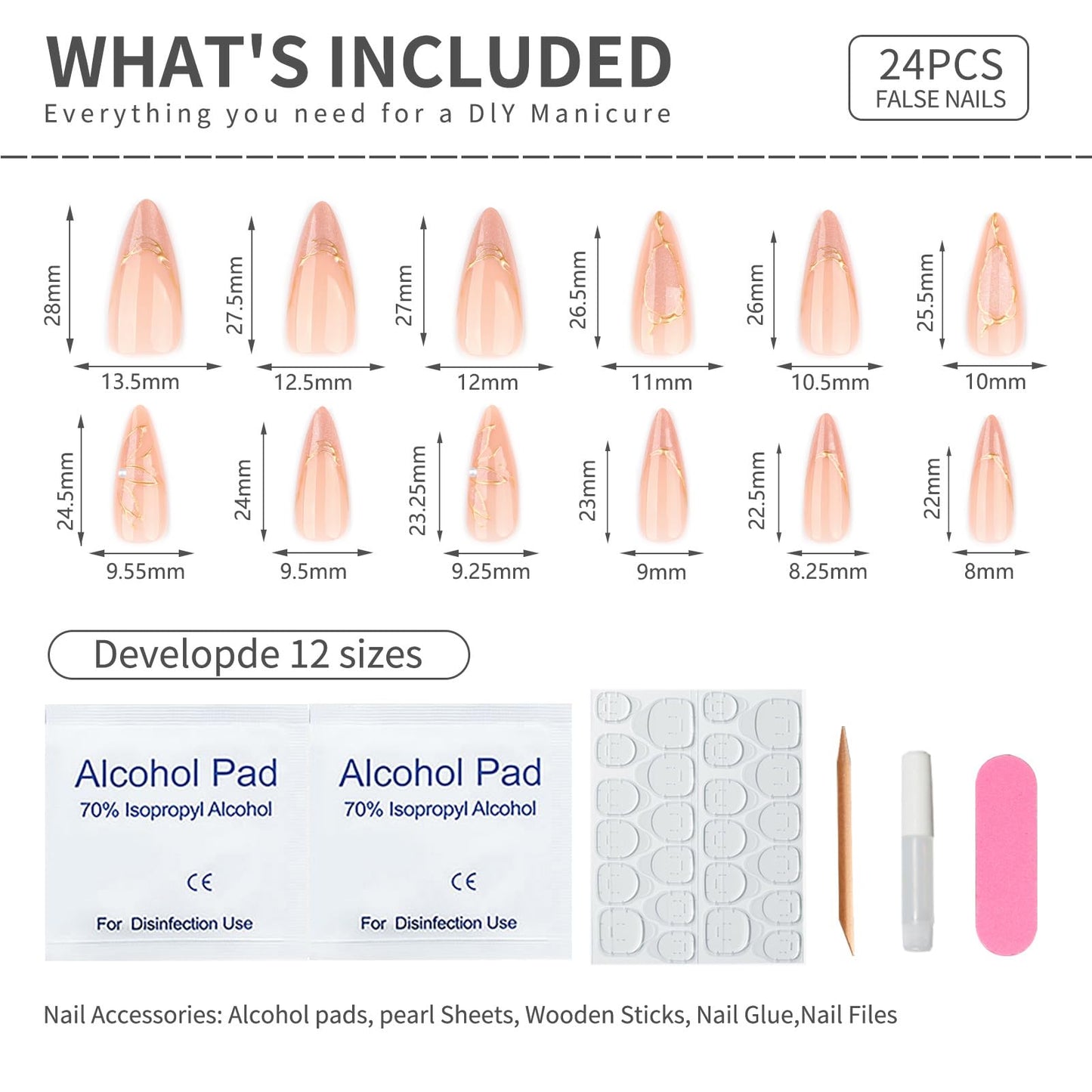 Mivota Medium Stiletto Press On Nails – Nude Pink with 3D Gold Chrome Design, 24PCS Acrylic Fake Nails Kit with Glue and Tools, Glamorous Glossy Stick On Nails for Women Party Wedding